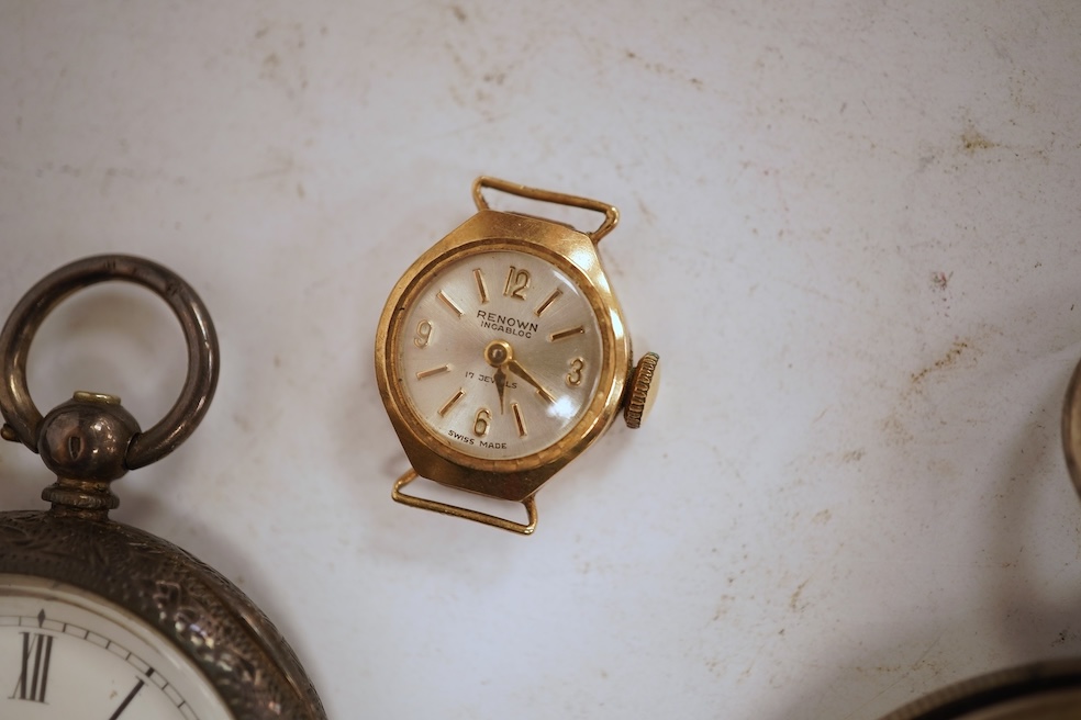 A white metal hunter keywind pocket watch, with Roman dial and subsidiary seconds, two silver charm bracelets and sundry items including jewellery and a silver sovereign case.